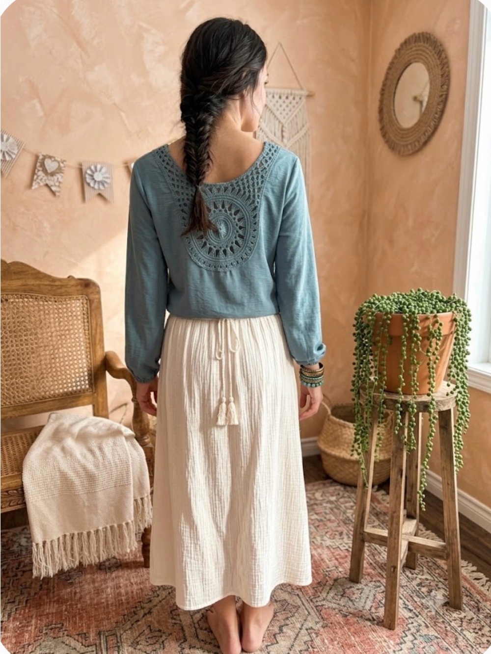 Soft Teal V-Neck Long Sleeve Top Crochet Lace Back Accent